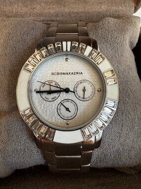 BCBG Stainless Steel Watch Crystal Bezel Chronograph Oversized Womens